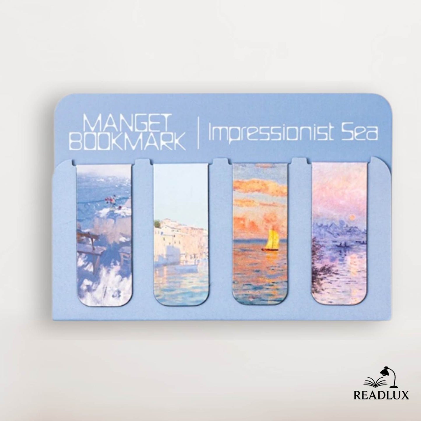 Lot de marque pages magnétiques Impressionnistes avec paysages marins, bateaux et ciels pastel sur fond bleu ciel.