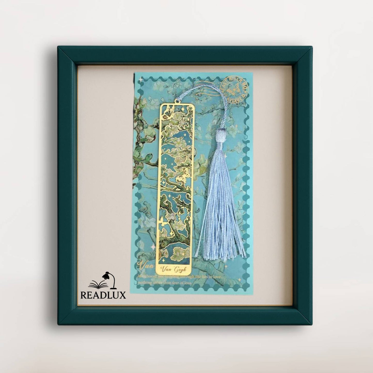Marque page en métal doré ajouré, inspiré de Van Gogh, avec pompon bleu et carte artistique