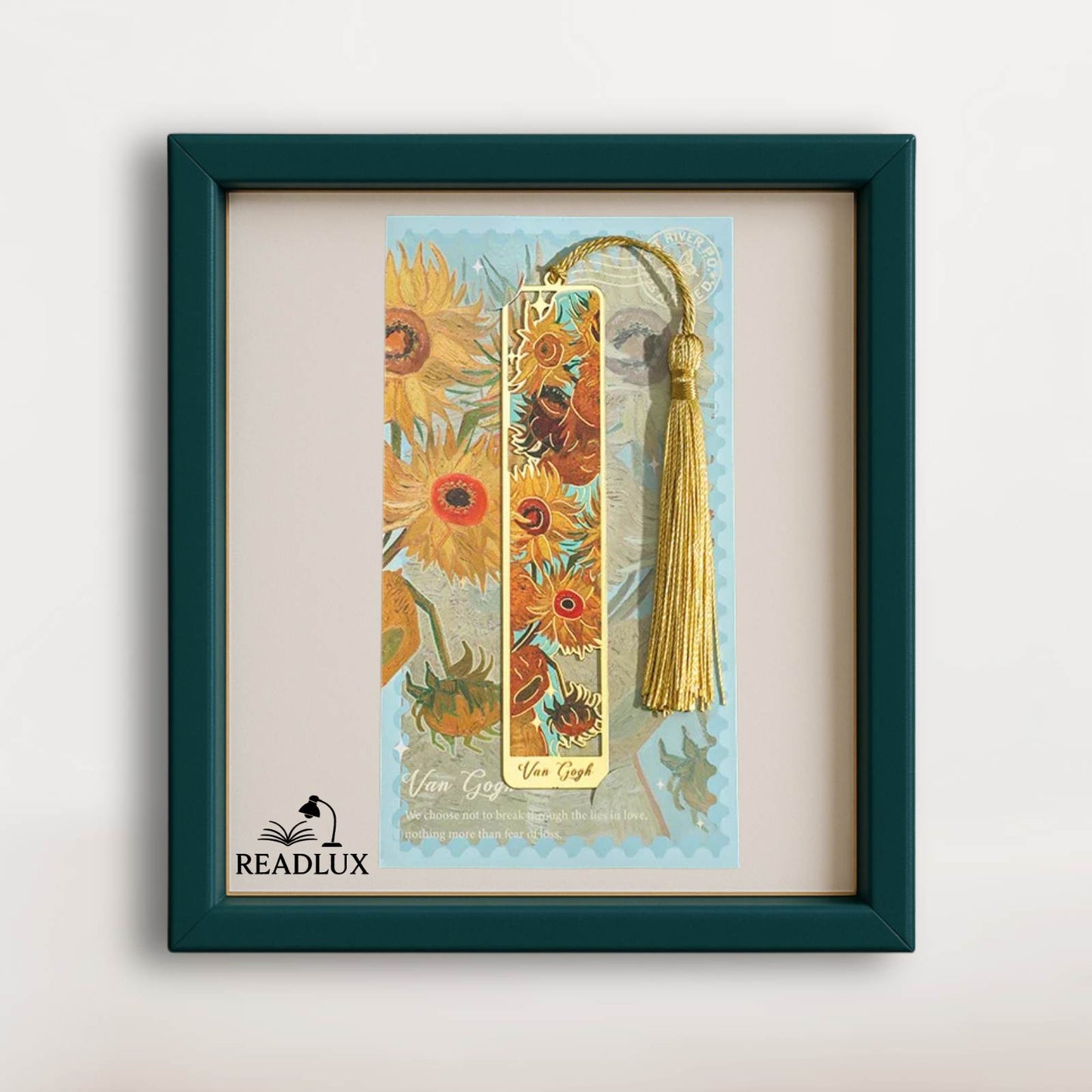 Marque page en métal doré ajouré avec pompon jaune, motif tournesols de Van Gogh sur carte artistique