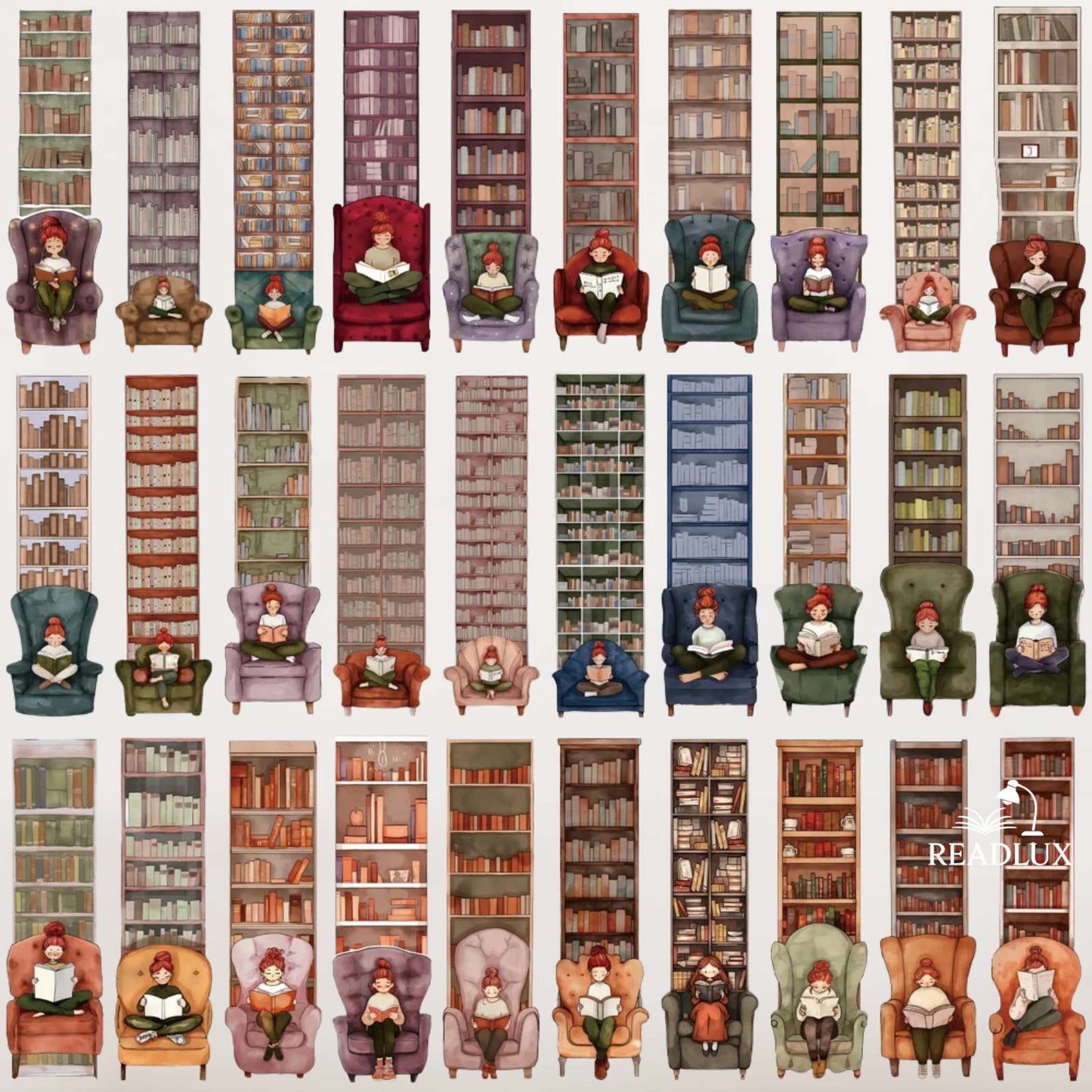 Illustration colorée de femmes lisant dans divers fauteuils, entourées de bibliothèques remplies de livres
