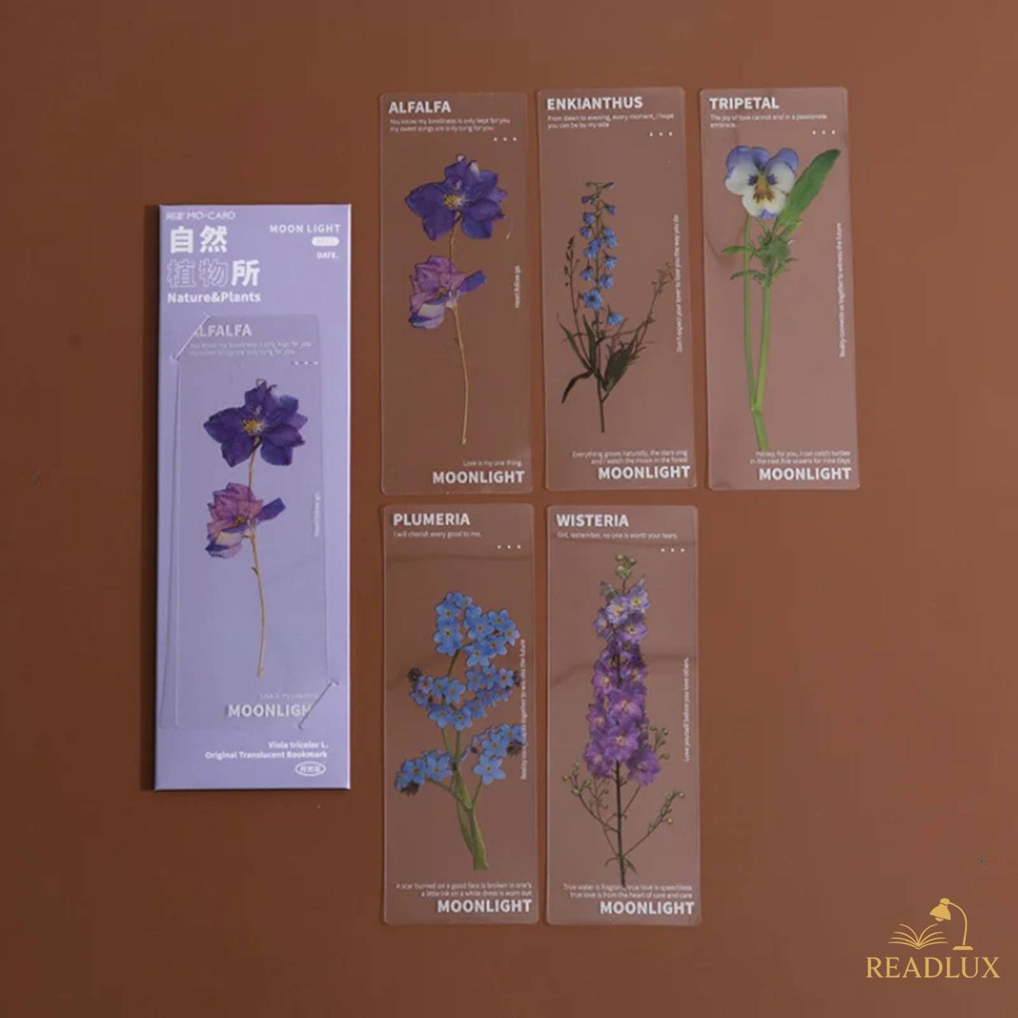 Cinq marque-pages en PVC avec des motifs de fleurs colorées sur fond marron, élégants et pratiques pour les livres