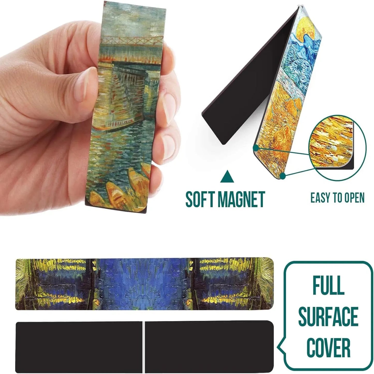 Marque-pages magnétiques colorés avec motifs artistiques, tenus dans une main, sur fond blanc
