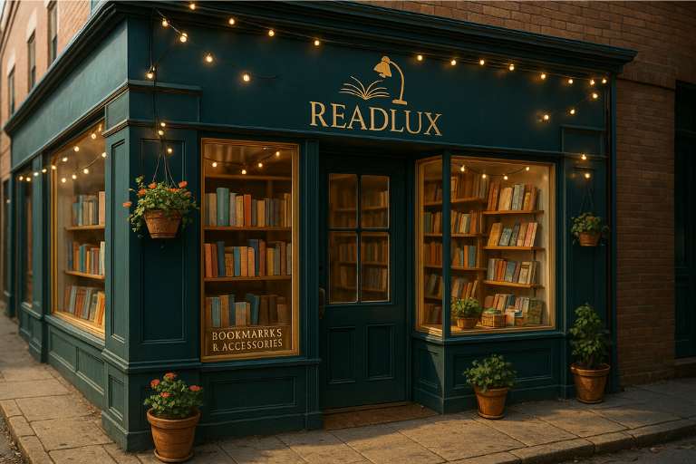 illustration ia d'une devanture de magasin Readlux vendant des marques page
