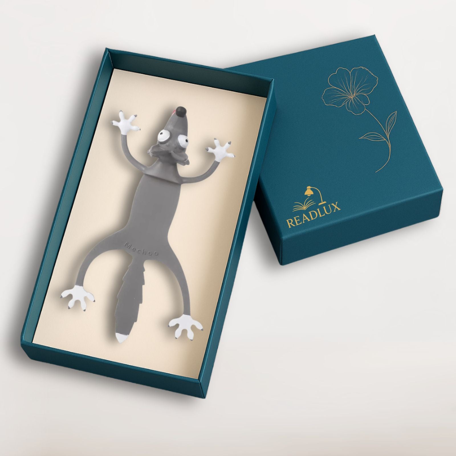 Marque page kawaii loup gris cartoon, museau noir, pattes blanches, queue hérissée, design drôle et souple
