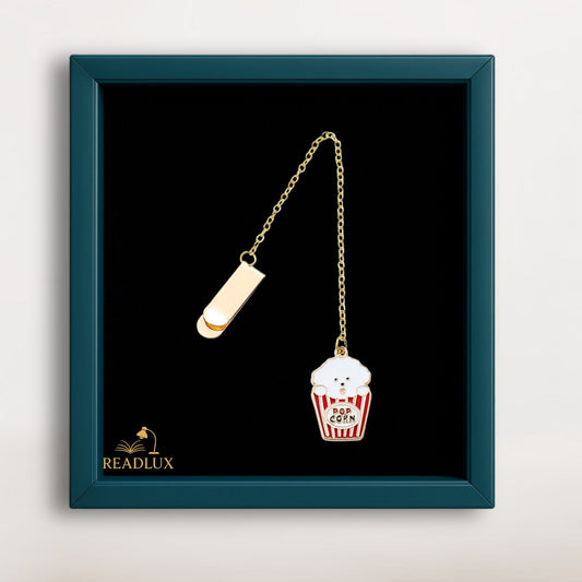Bijou marque page doré avec pendentif popcorn émaillé, amusant et élégant pour roman ou carnet.