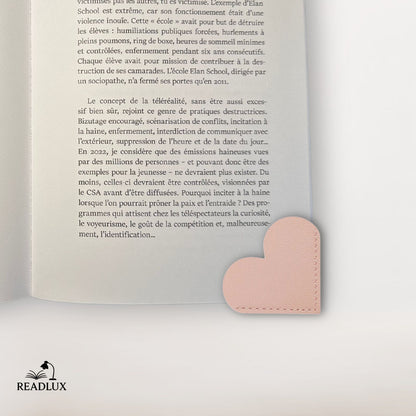 Marque page cuir rose poudré en forme de cœur