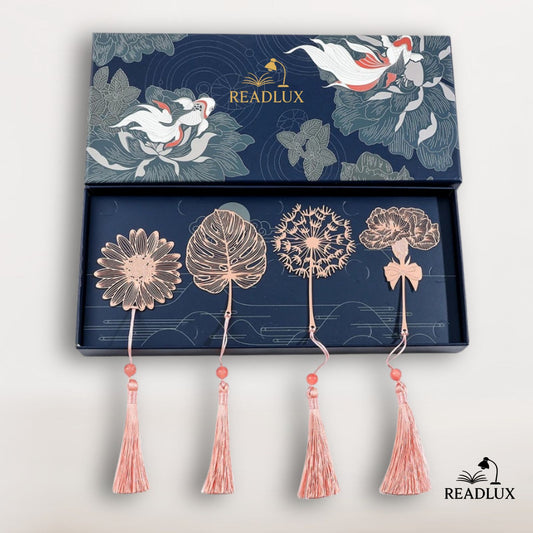 Lot de 4 marque pages en métal rose doré, formes florales variées avec rubans et coffret luxe bleu Readlux