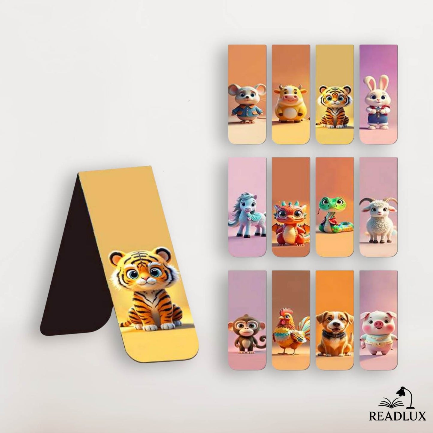 Marque page magnétique pliable avec tigre cartoon et lot d’animaux mignons style zodiaque chinois en arrière-plan.