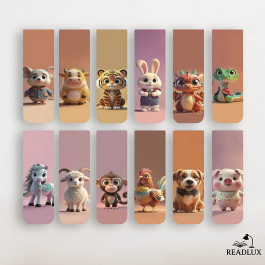 Lot de marque pages magnétiques avec animaux en 3D style cartoon, inspirés du zodiaque et créatures mignonnes.