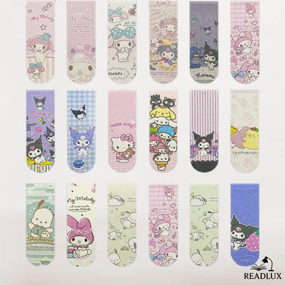 Lot de marque pages kawaii magnétiques avec personnages Sanrio pastel, motifs My Melody, Kuromi.