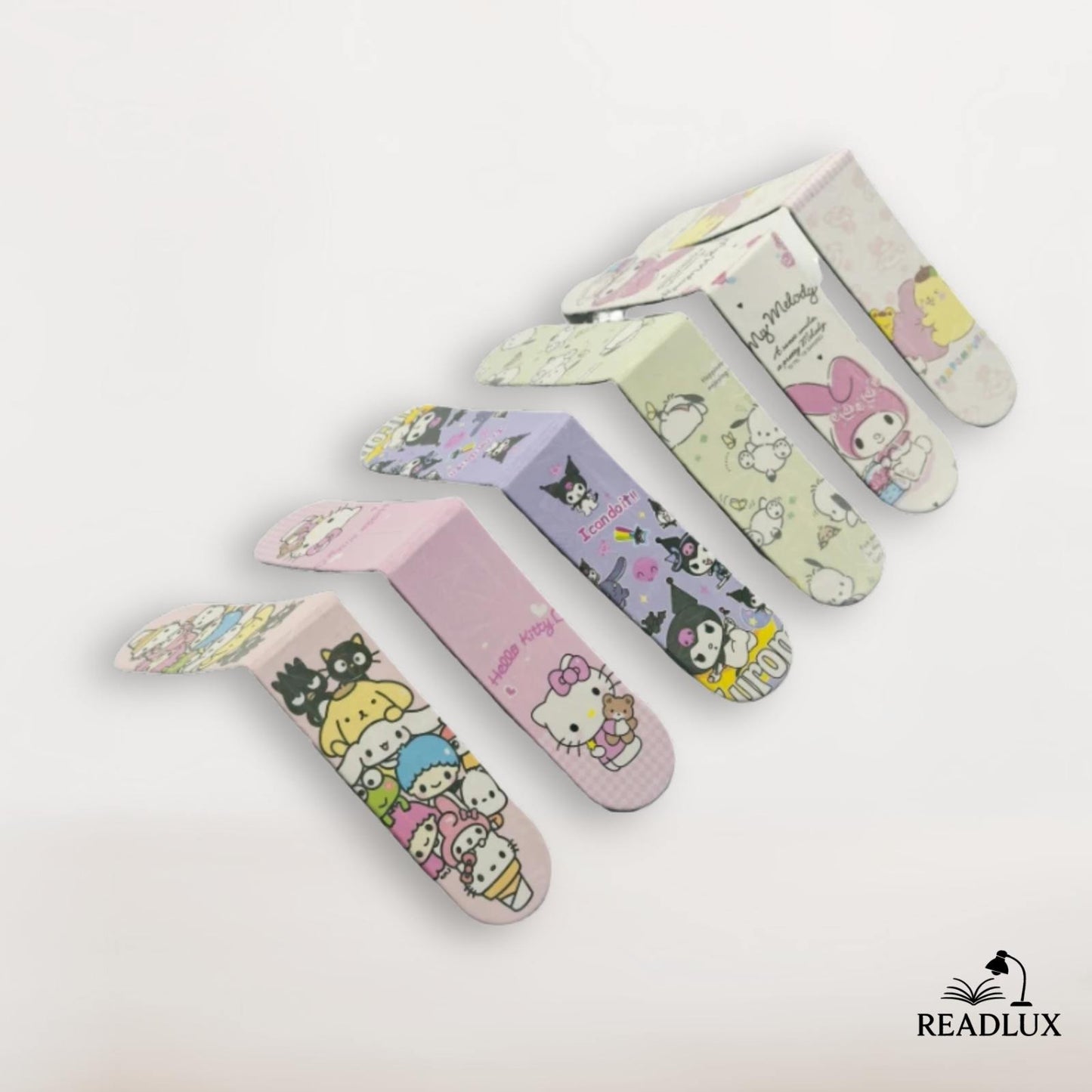 Marque pages kawaii pliables avec personnages Sanrio, motifs pastel et design magnétique pratique pour lectures joyeuses.