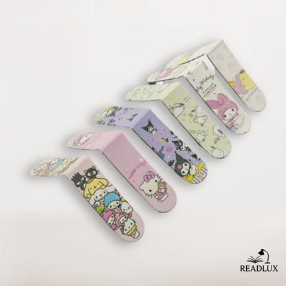 Marque pages kawaii pliables avec personnages Sanrio, motifs pastel et design magnétique pratique pour lectures joyeuses.