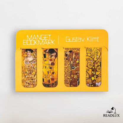 Lot de marque pages magnétiques Gustav Klimt avec reproductions dorées de ses œuvres emblématiques sur fond jaune vif.