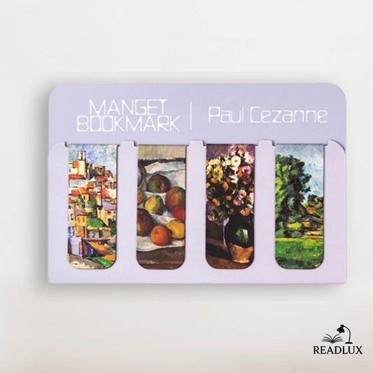 Lot de marque pages magnétiques Paul Cézanne avec reproductions d’œuvres impressionnistes sur fond lavande élégant.