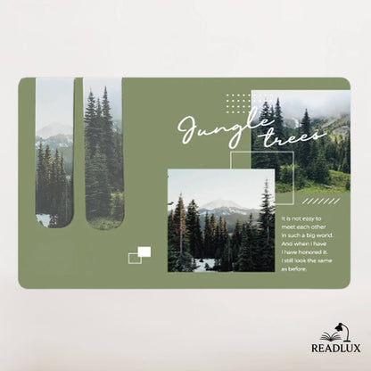 Lot de marque pages magnétiques avec des sapins et des montagnes, design poétique et fond vert.