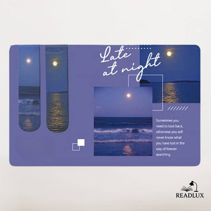 Lot de marque pages magnétiques avec coucher du soleil et des vagues, design poétique et fond céleste.