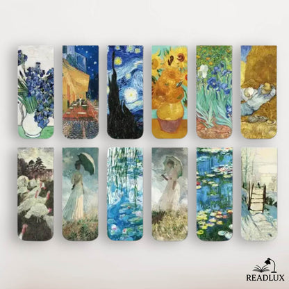 Lot de marque pages magnétiques avec œuvres de Van Gogh, Monet et peintres impressionnistes, paysages et fleurs célèbres.