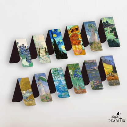 Lot de marque pages magnétiques avec œuvres de Van Gogh, Monet et peintres impressionnistes, paysages et fleurs célèbres semi ouvert