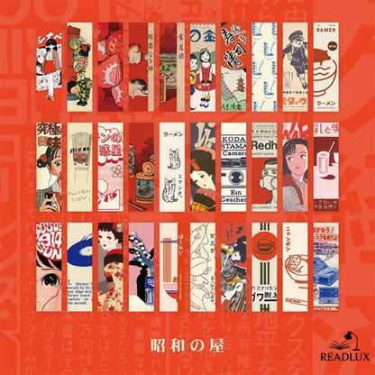 Un ensemble de marque-pages vintage japonais aux motifs colorés, représentant des personnages et des objets de la culture nippone