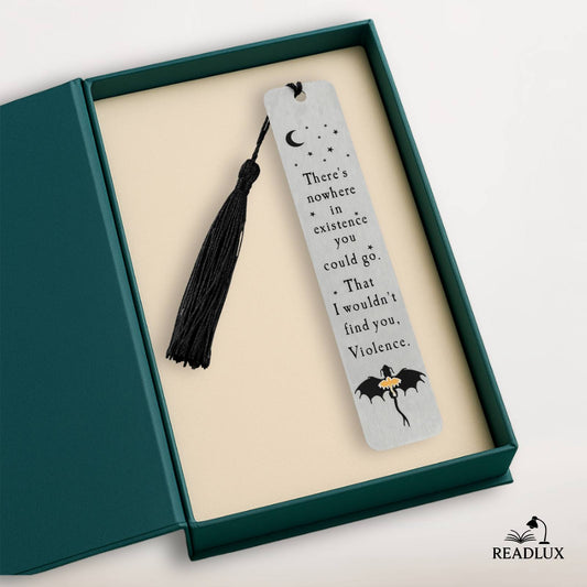 Marque-page en acier inoxydable avec un motif de chauve-souris, une frange noire et un fond beige