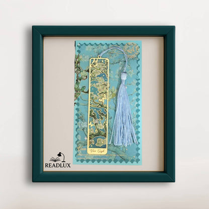 
Marque page en métal doré ajouré, inspiré de Van Gogh, avec pompon bleu et carte artistique