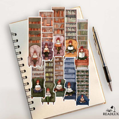 Illustration de marque-pages représentant des lectrices assises sur des fauteuils colorés devant des étagères remplies de livres