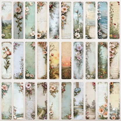 Une collection de marque-pages vintage illustrés de fleurs délicates et de paysages doux dans des tons pastel
