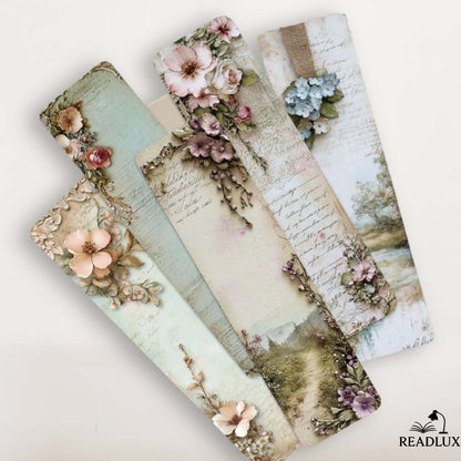 Quatre marque-pages en papier avec motifs floraux pastel sur fond vintage et textures délicates