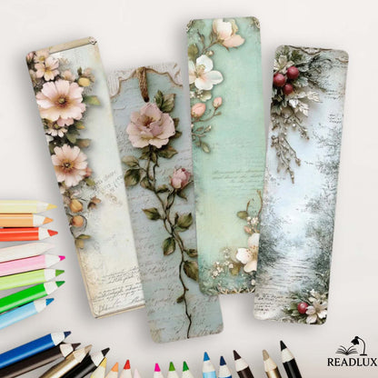 Trois marque-pages en papier avec des motifs floraux délicats sur fond pastel, entourés de crayons de couleur