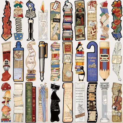 Une collection de marque-pages vintage colorés avec des motifs de livres, de fleurs et d'objets littéraires variés
