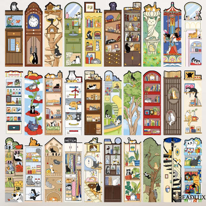 Planche de marque pages papiers illustrés avec chats dans des décors variés : bibliothèque, arbre, horloge, maison, ambiance kawaii.