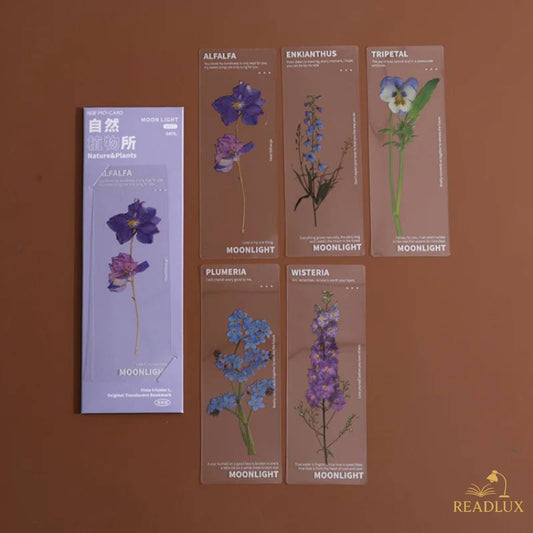 Cinq marque-pages en PVC avec des motifs de fleurs colorées sur fond marron, élégants et pratiques pour les livres