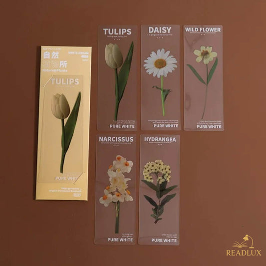 Marque pages en papier translucide avec fleurs réalistes, tulipe, marguerite, narcisse et hortensia