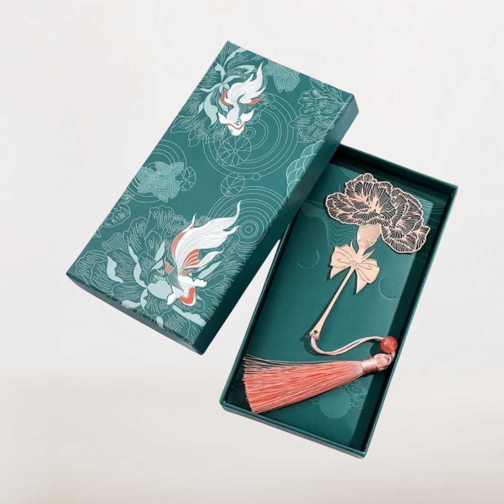 Marque page en métal rose doré en forme de fleur avec ruban et boîte cadeau élégante