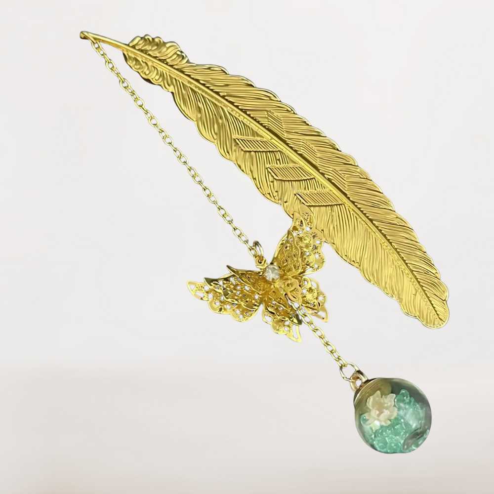 Marque Page Plume Or | Plume Dorée et Fleur Bleu Céleste