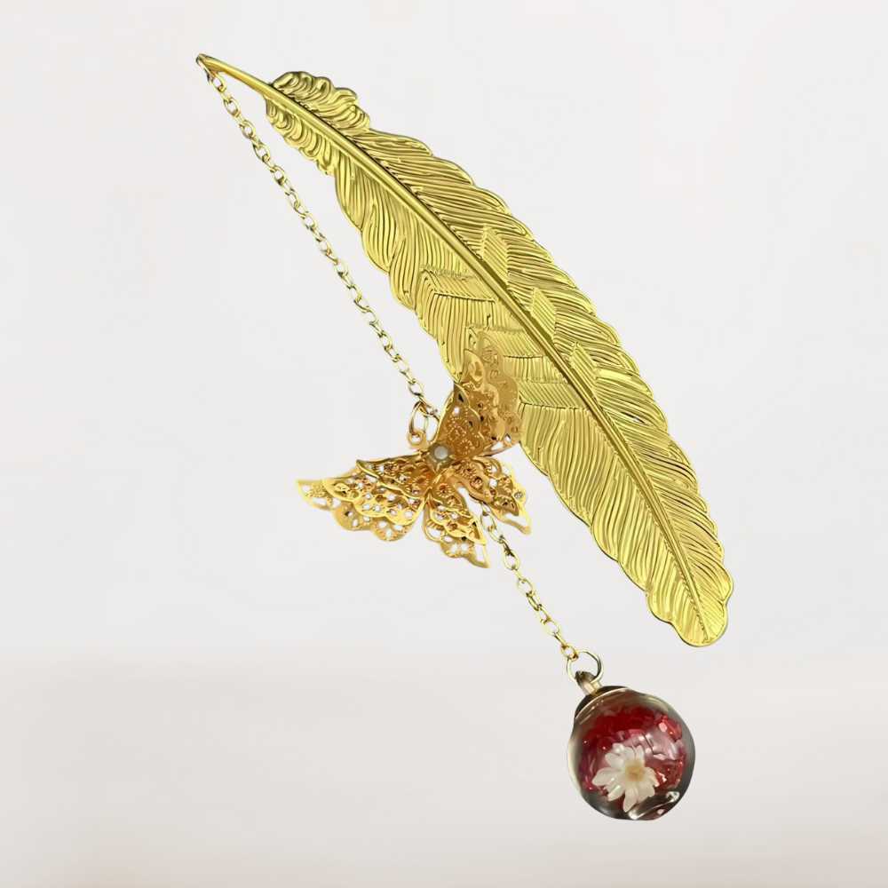 Marque Page Papillon | Plume Dorée et Sphère Florale
