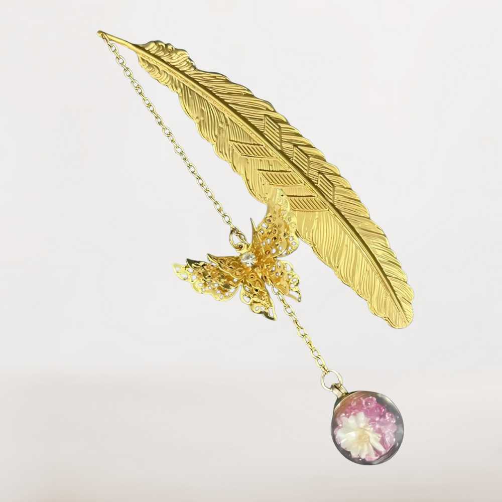 Marque Page Bijou Plume | Fleur Rose Enchantée et Dorée
