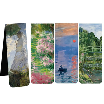 Quatre marque-pages magnétiques illustrés avec des paysages colorés, fleurs roses, et un pont en bois