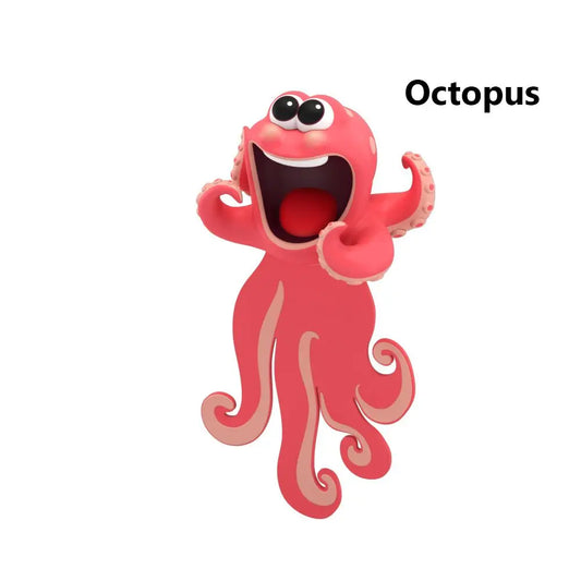 Un octopus en plastique rose avec de grands yeux et une bouche ouverte, affichant des tentacules ondulants