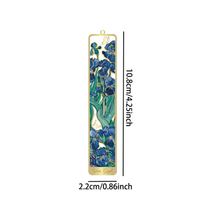 Marque-page en métal avec un motif floral bleu et vert, décoré d'une frange, sur fond doré
