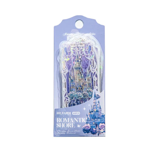 Marque-page en PVC avec un château scintillant sur fond violet, décoré de motifs floraux et de nuages