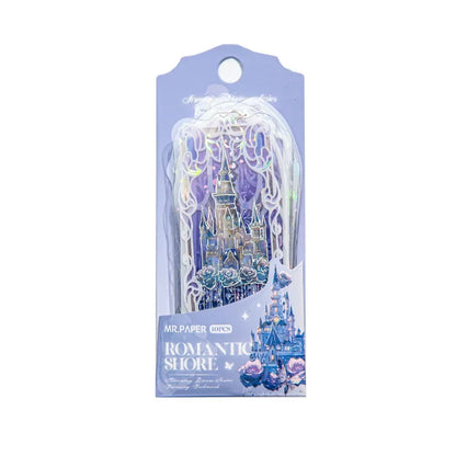 Marque-page en PVC avec un motif de château scintillant sur fond violet et des détails en blanc