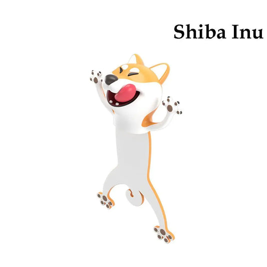 Marque page Shiba Inu en 3D, style cartoon joyeux et expressif sur fond blanc