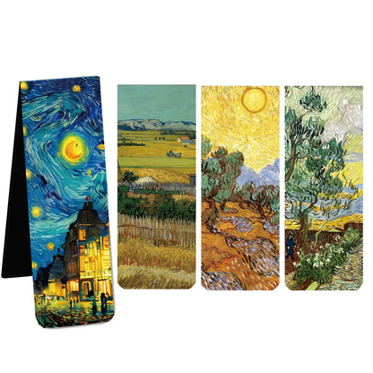 Quatre marque-pages magnétiques illustrés avec des paysages colorés et des motifs inspirés de Van Gogh