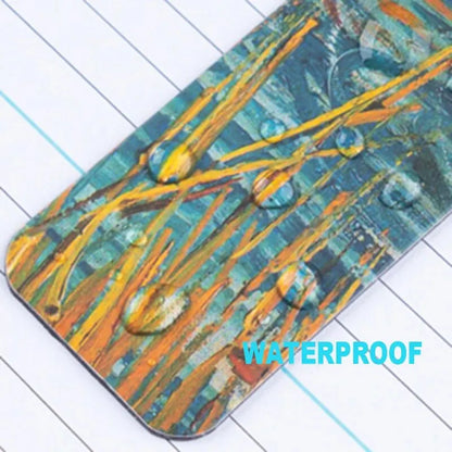 Marque-page magnétique avec un motif aquatique coloré, présentant des gouttes d'eau sur un fond bleu et jaune