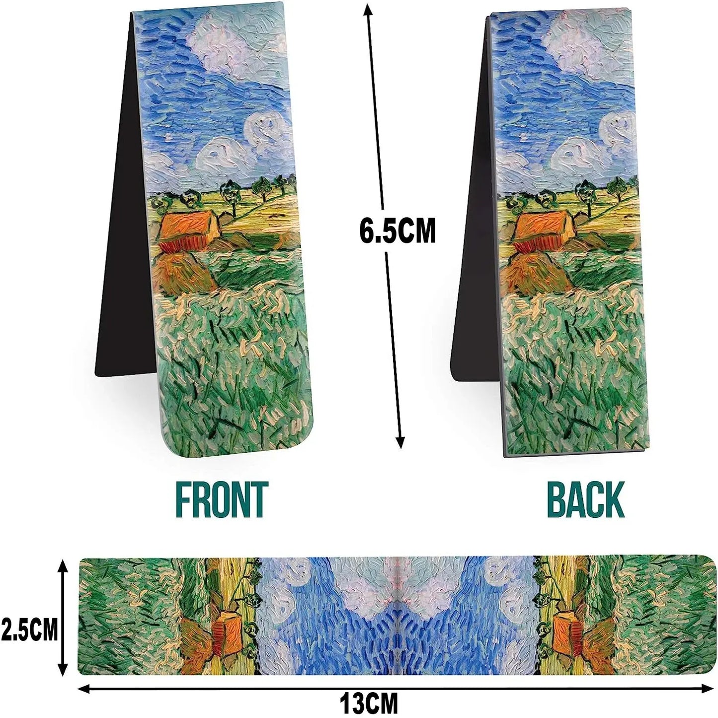 Marque-pages magnétiques avec motifs colorés représentant un paysage de champs et un ciel bleu, en matière plastique