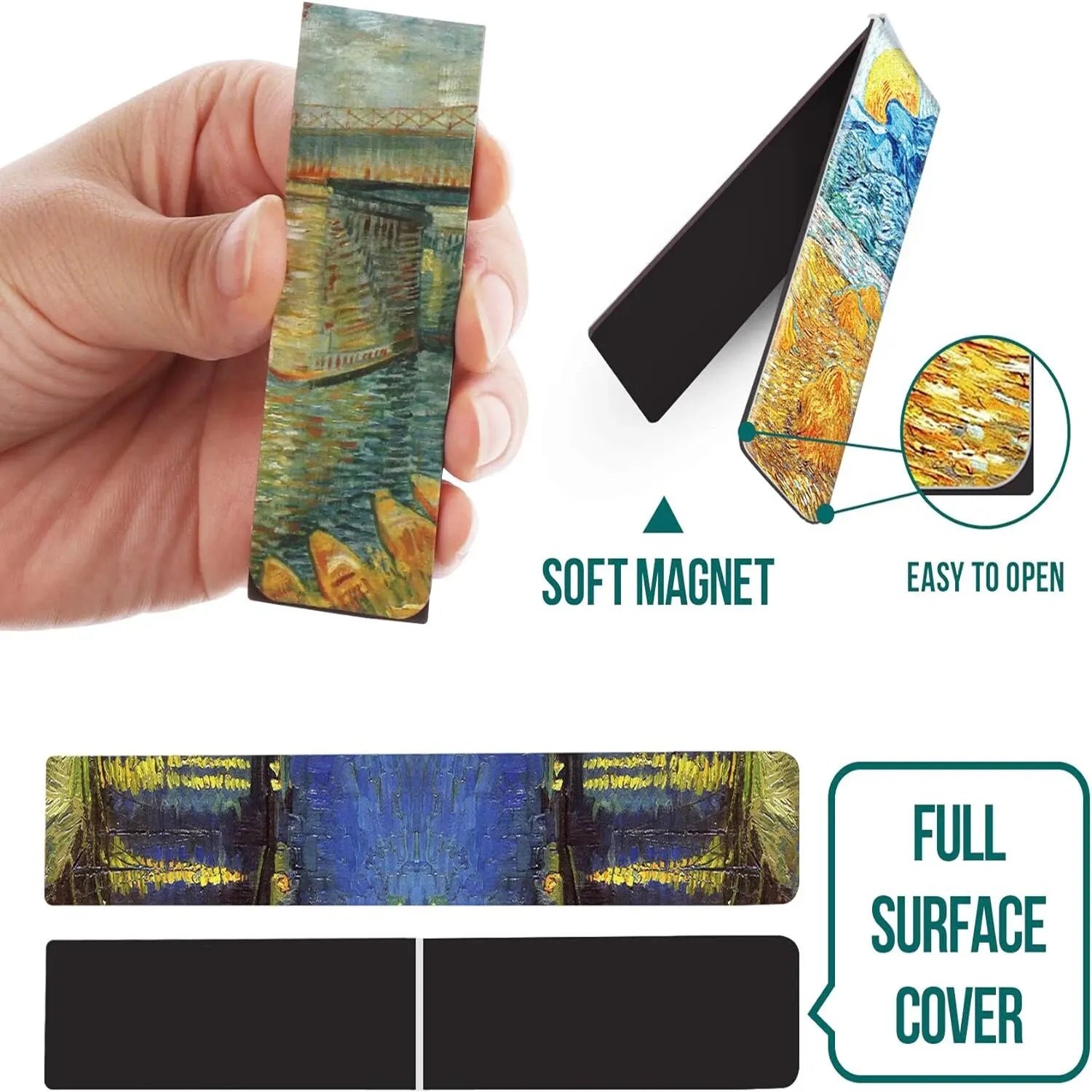 Marque-pages magnétiques colorés avec motifs artistiques, tenus dans une main, sur fond blanc