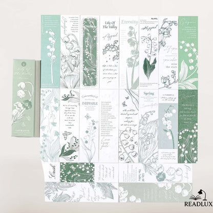 Une collection de marque-pages aux motifs floraux en vert et blanc, décorés de textes poétiques et illustrations délicates