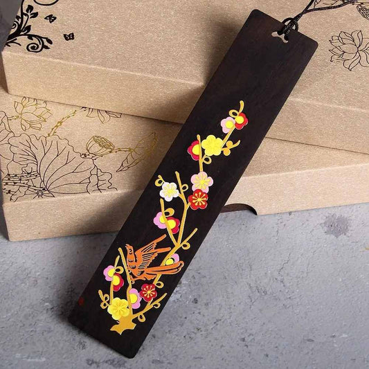 Marque Page Bois Fleurs Multicolores | Oiseau et Découpe Géométrique