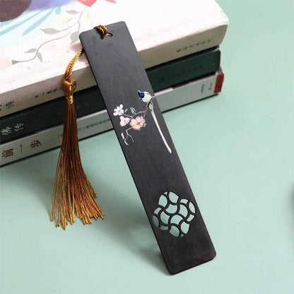 Marque Page Bois Oiseau Fleur | Motif Japonais et Pompon Doré